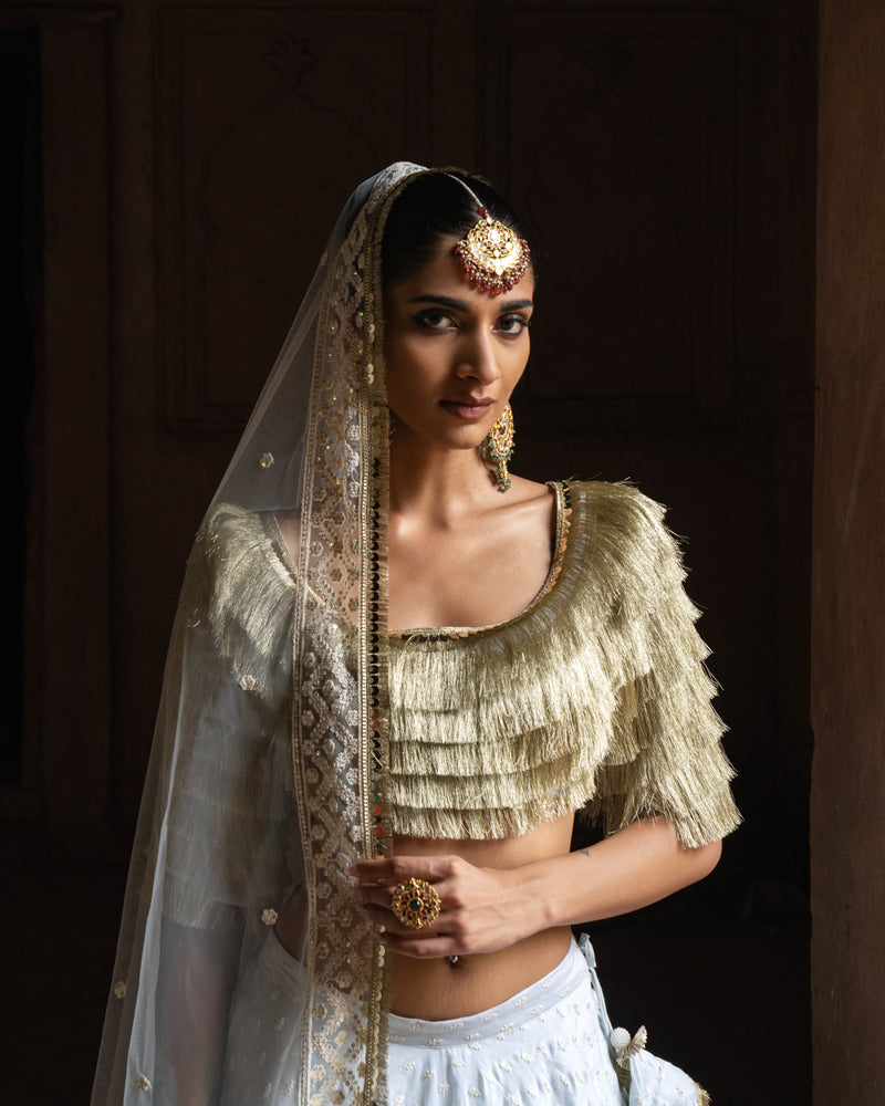 Golden fringe Ice blue Lehenga with Embroidered Dupatta