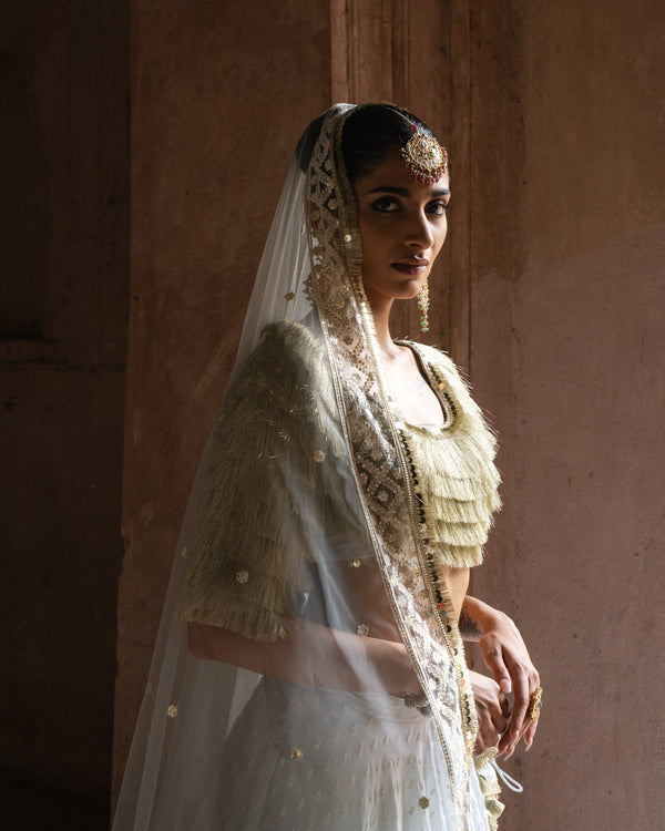 Golden fringe Ice blue Lehenga with Embroidered Dupatta