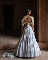 Golden fringe Ice blue Lehenga with Embroidered Dupatta