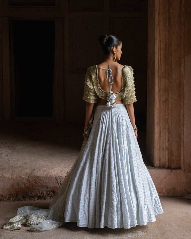 Golden fringe Ice blue Lehenga with Embroidered Dupatta
