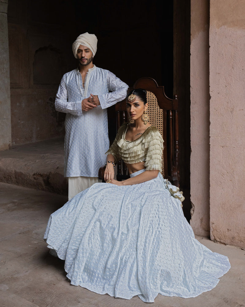 Golden fringe Ice blue Lehenga with Embroidered Dupatta