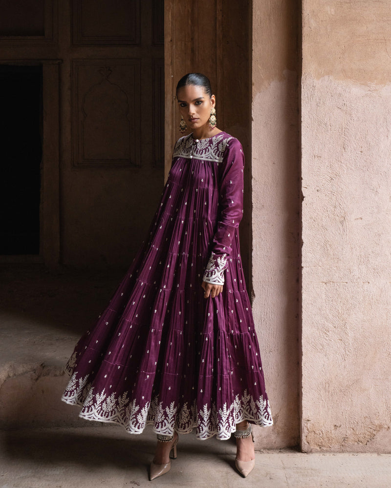 Wine forest 8 Layer All Over Embroided Anarkali