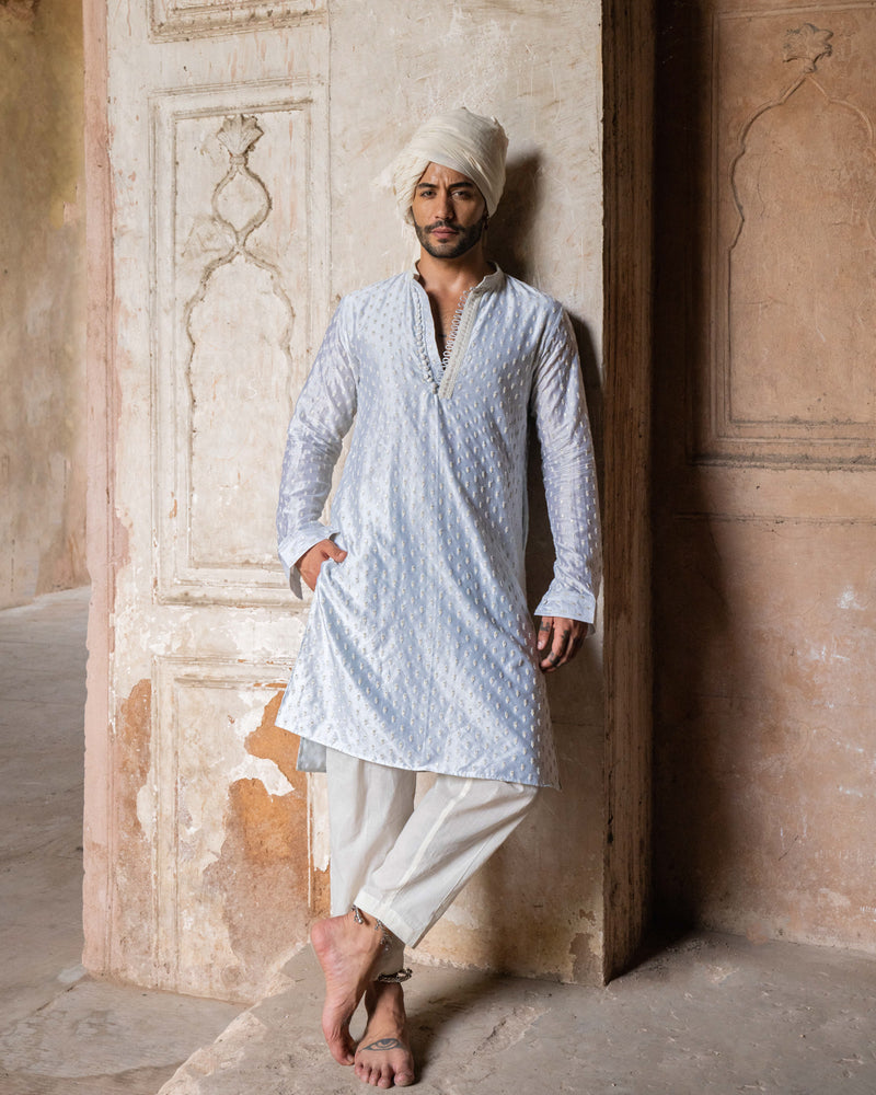 Ice blue dots Full Embroidered Kurta with Pants