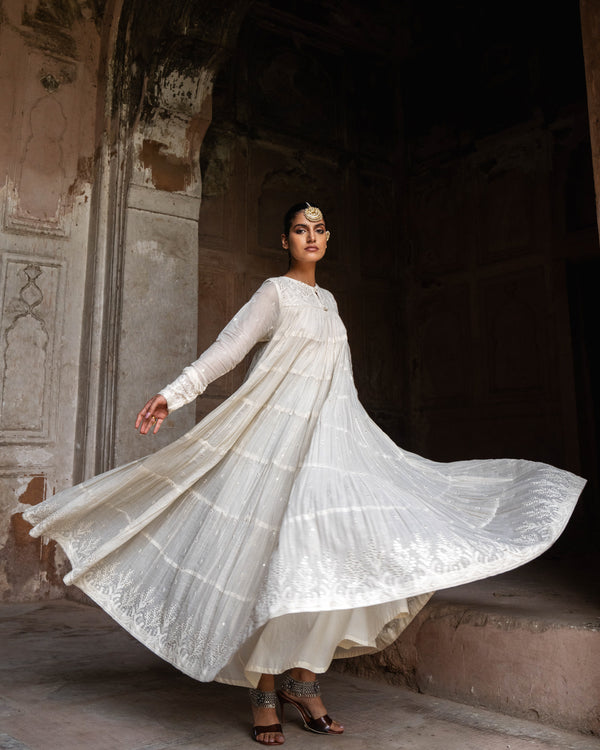 Off white 8 Layer forest All Over Embroided Anarkali