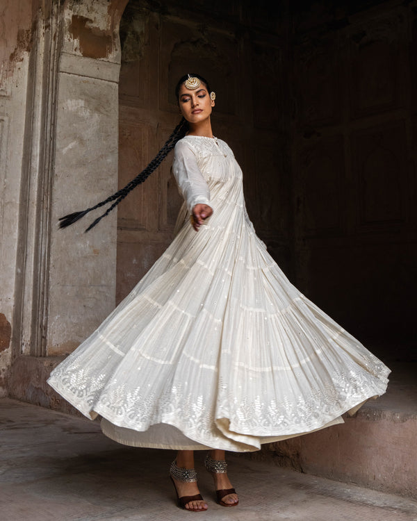 Off white 8 Layer forest All Over Embroided Anarkali