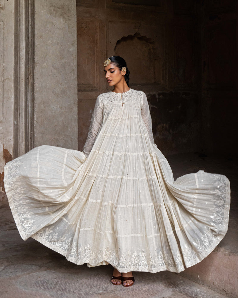 Off white 8 Layer forest All Over Embroided Anarkali
