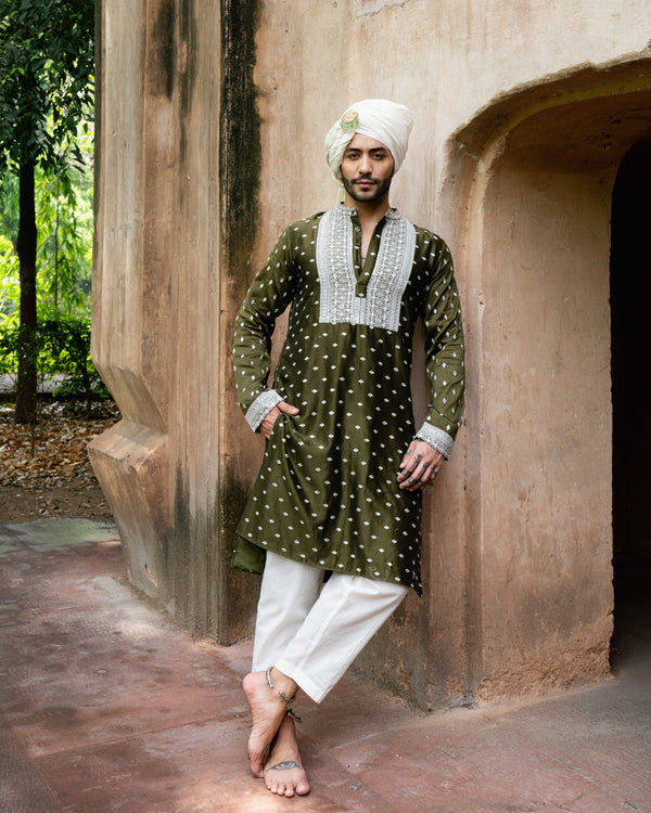 Olive Big Border Full Embroidered Kurta with Pants
