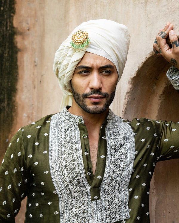 Olive Big Border Full Embroidered Kurta with Pants