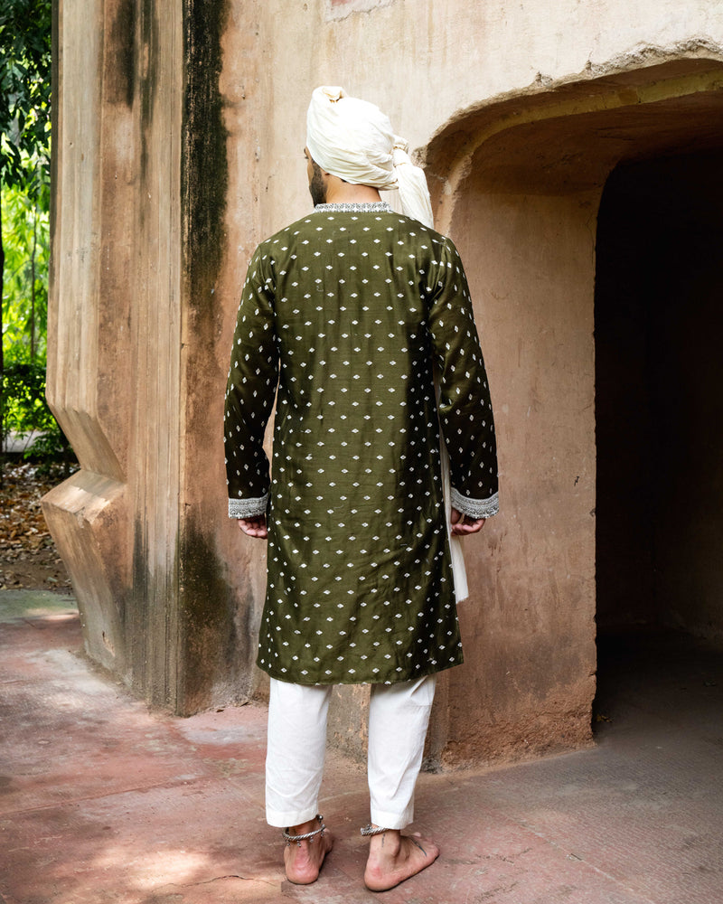 Olive Big Border Full Embroidered Kurta with Pants