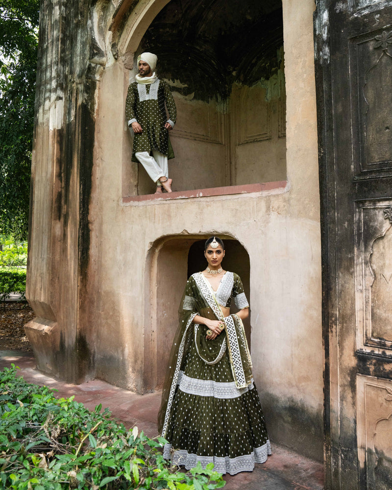 Olive Big boder lehnga with Embroidered dupatta