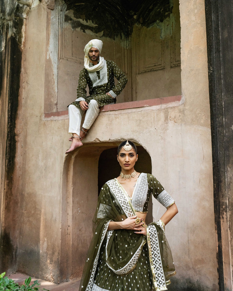 Olive Big boder lehnga with Embroidered dupatta