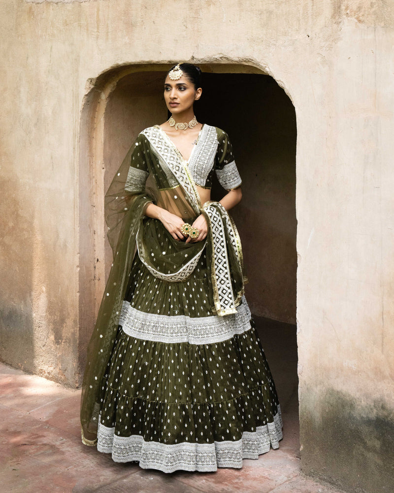 Olive Big boder lehnga with Embroidered dupatta