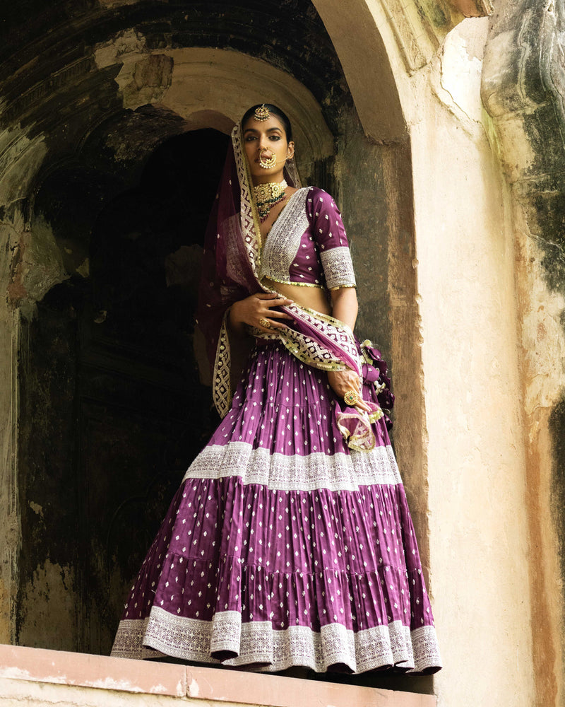 Wine big border Lehenga with Embroidered Dupatta