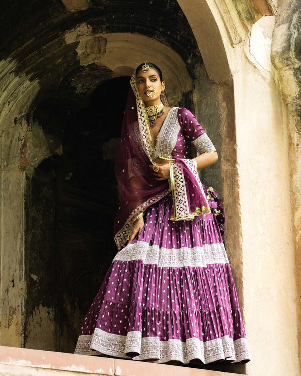 Wine big border Lehenga with Embroidered Dupatta