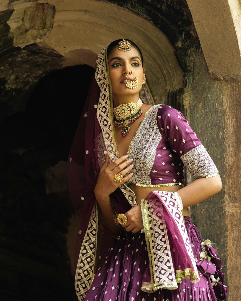 Wine big border Lehenga with Embroidered Dupatta