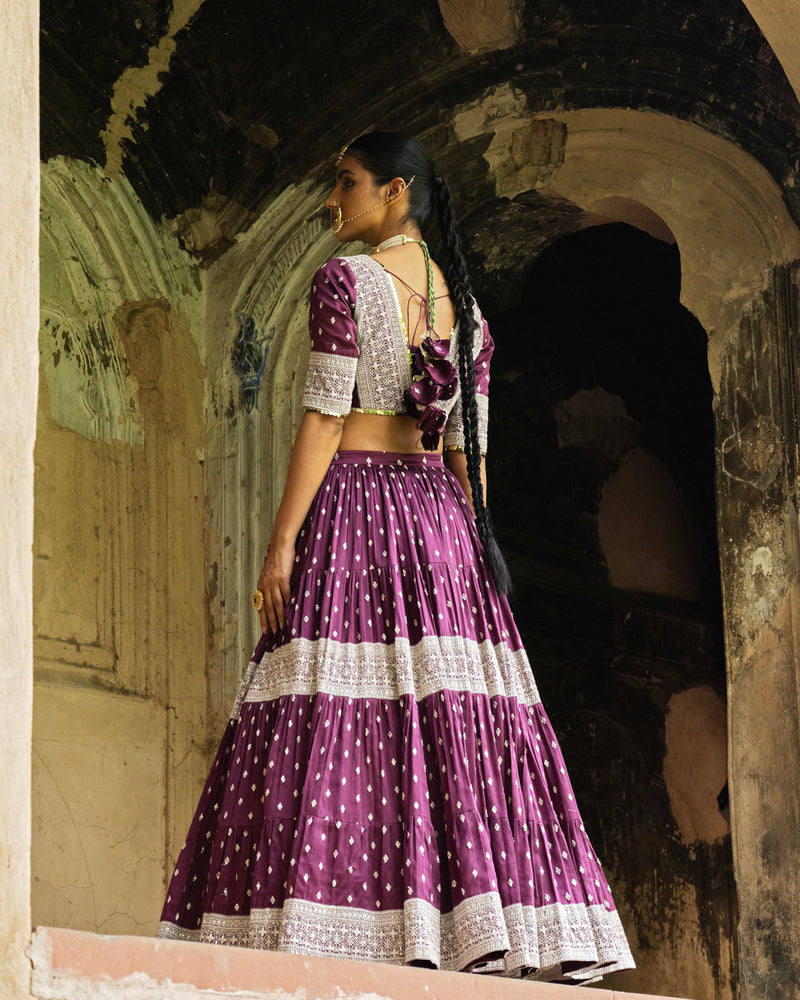 Wine big border Lehenga with Embroidered Dupatta