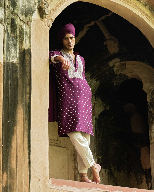 Wine Big Border Full Embroidered Kurta with Pants