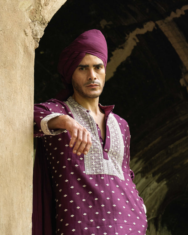 Wine Big Border Full Embroidered Kurta with Pants