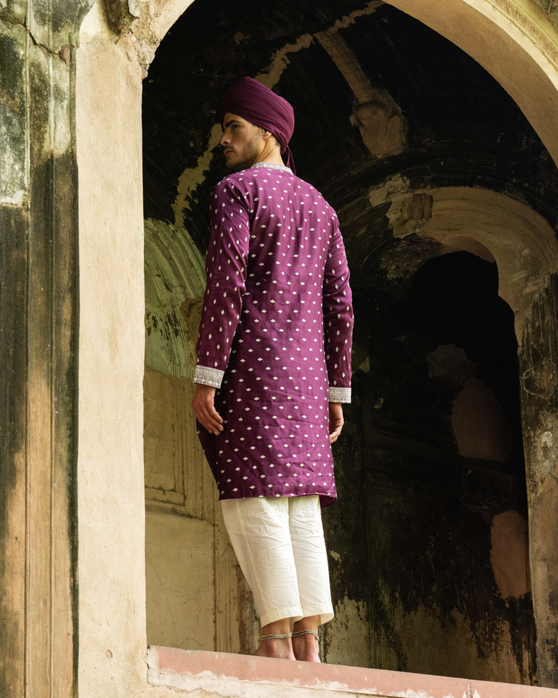 Wine Big Border Full Embroidered Kurta with Pants