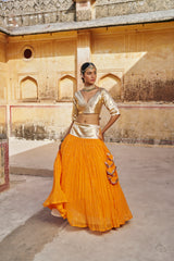 Saffron Golden Zari Mukesh Lehenga