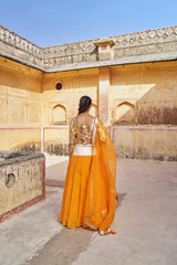 Saffron Golden Zari Mukesh Lehenga
