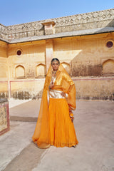 Saffron Golden Zari Mukesh Lehenga