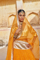 Saffron Golden Zari Mukesh Lehenga