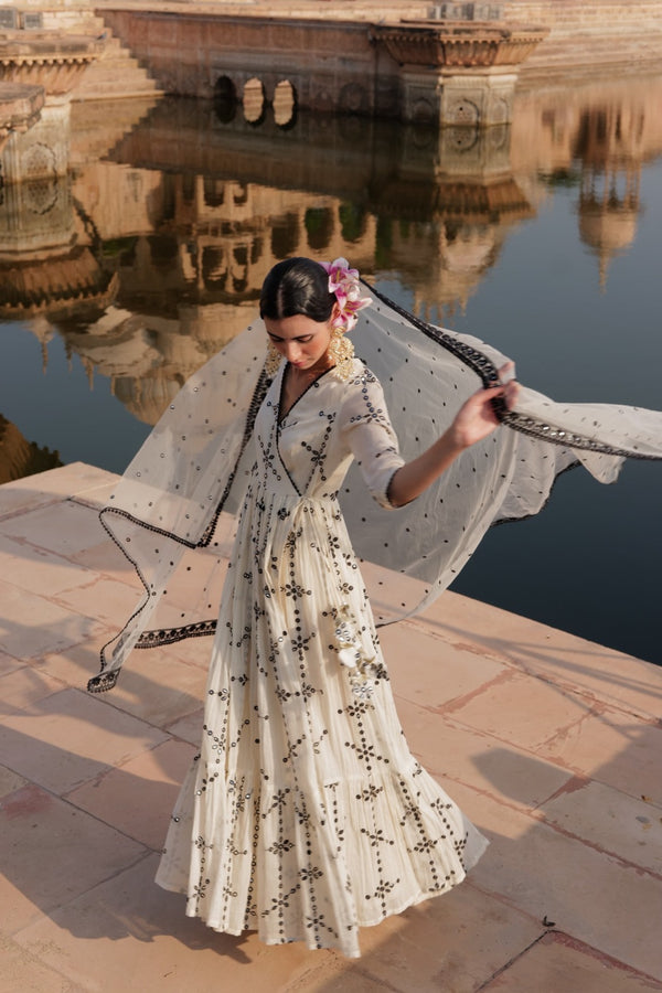 Black & White Big Flower Angrakha with Embroidered Dupatta