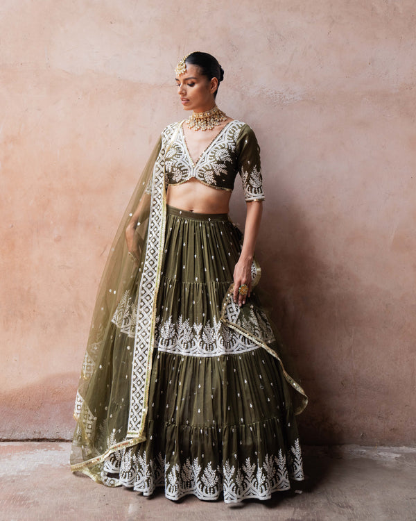 Olive forest Lehenga with Embroidered Dupatta
