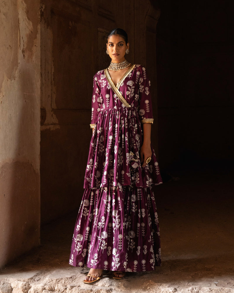 Wine Double Layer sunflower All Over Embroidered Angrakha
