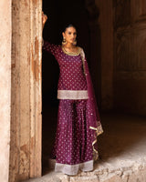 Wine big border straight sharara with embroidered dupatta