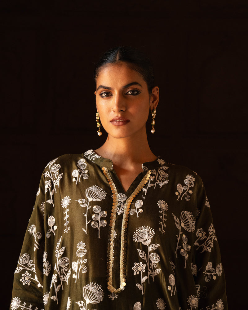 Sunflower olive embroidered kurta