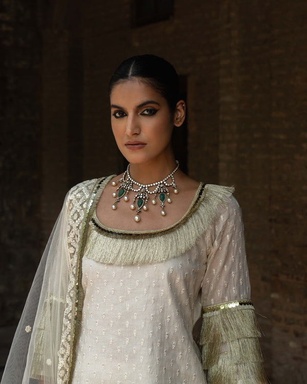 Off white fringe top with Farshi salwar