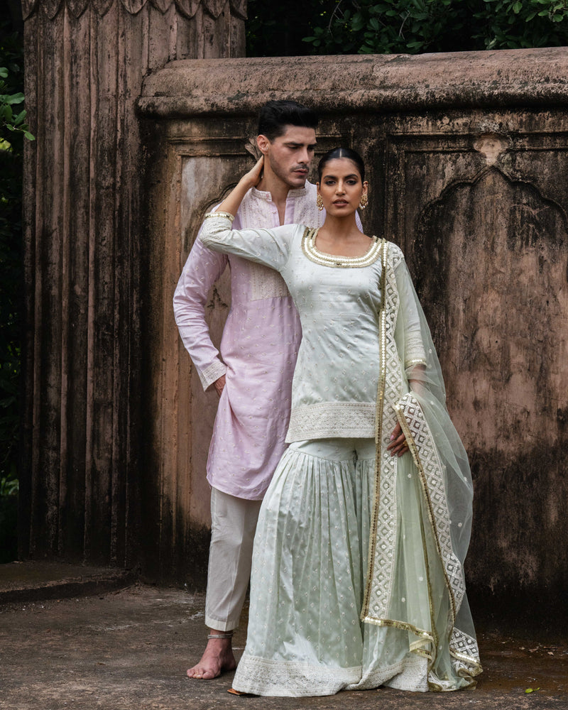 Mint big border straight sharara with embroidered dupatta