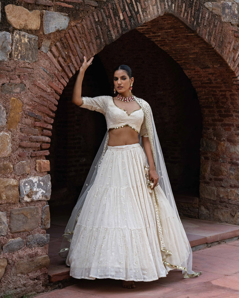 Gold circle & off white line Lehenga with Embroidered Dupatta