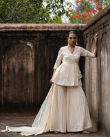 Off white golden Forest peplum sharara with emroidered dupatta