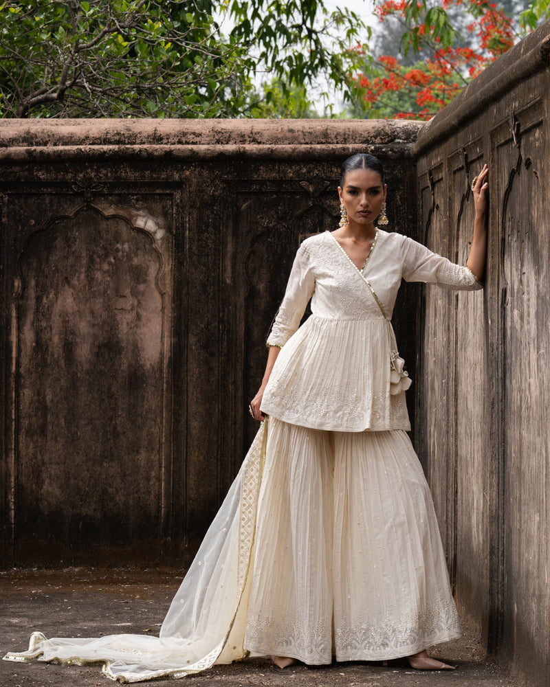 Off white golden Forest peplum sharara with emroidered dupatta