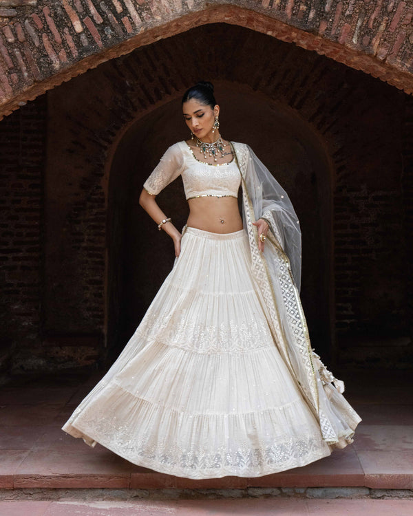 Gold & off white forest Lehenga with Embroidered Dupatta
