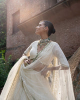gold & off white big border Lehenga with Embroidered Dupatta