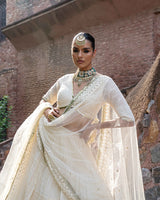 gold & off white big border Lehenga with Embroidered Dupatta
