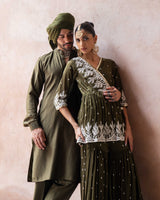 Olive forest peplum sharara with emroidered dupatta