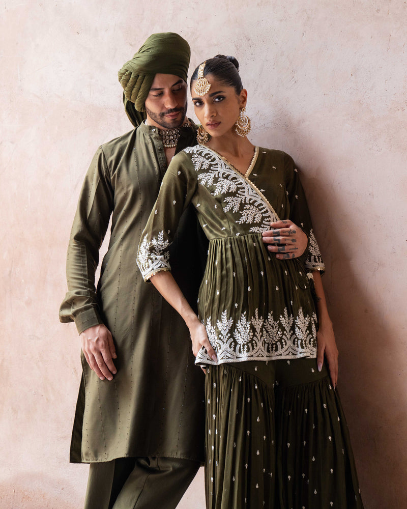 Olive forest peplum sharara with emroidered dupatta