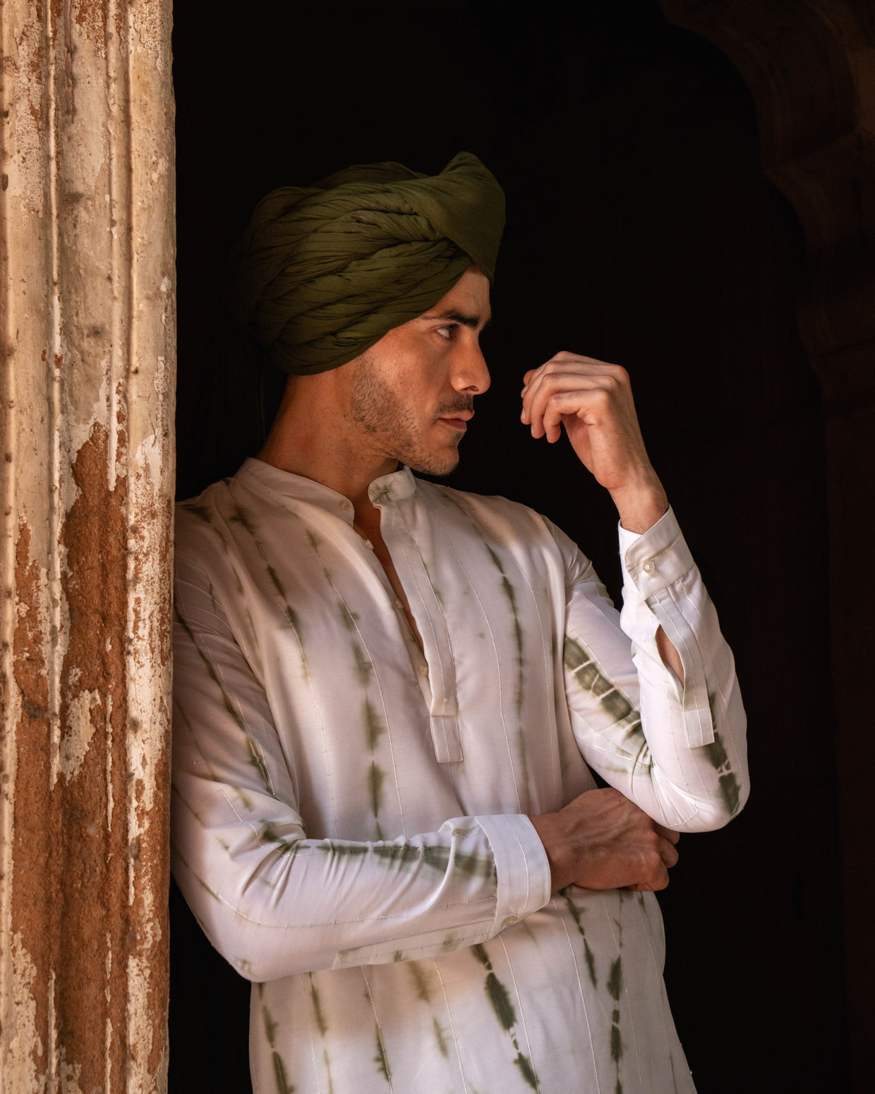 Off White & Olive Tie Dye line sequence Kurta set – Preevin