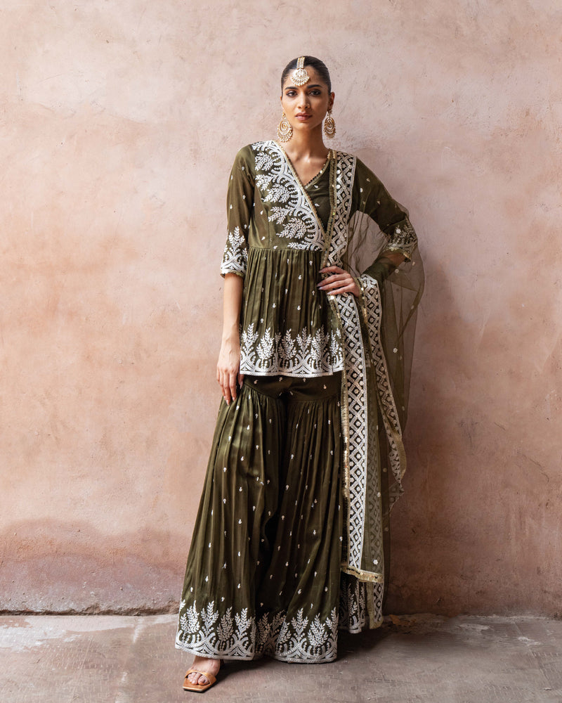 Olive forest peplum sharara with emroidered dupatta