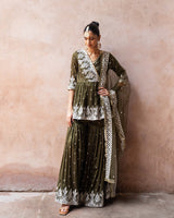 Olive forest peplum sharara with emroidered dupatta