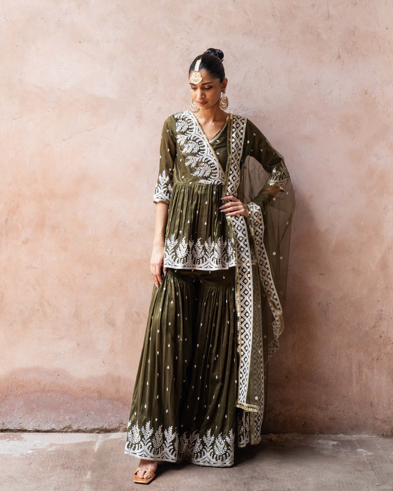 Olive forest peplum sharara with emroidered dupatta