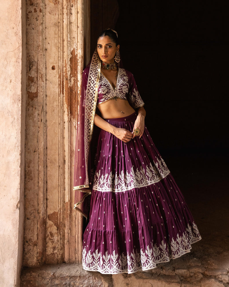 Wine forest Lehenga with Embroidered Dupatta