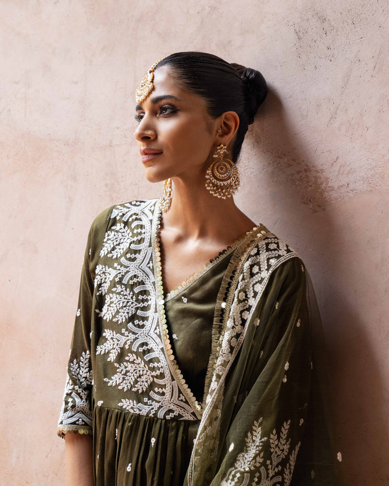 Olive forest peplum sharara with emroidered dupatta