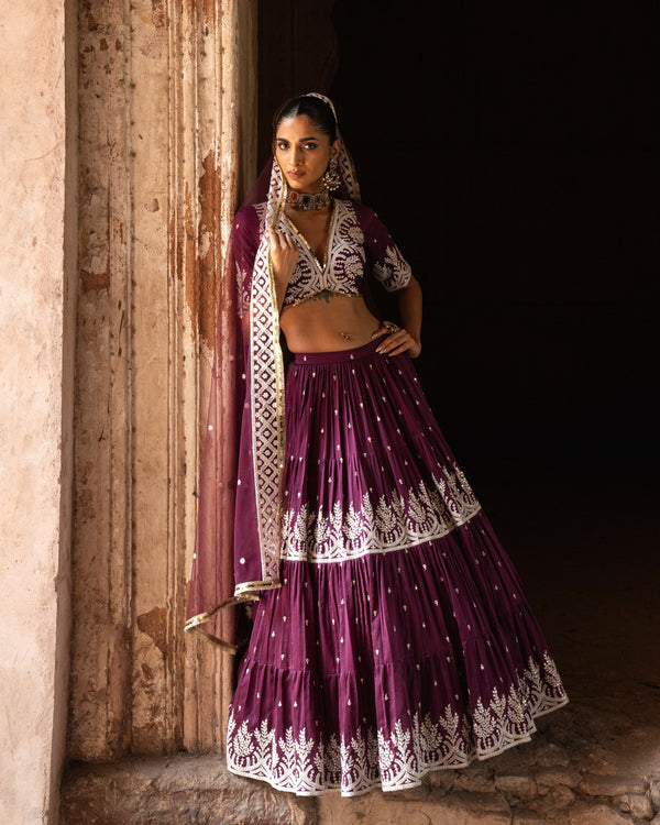 Wine forest Lehenga with Embroidered Dupatta