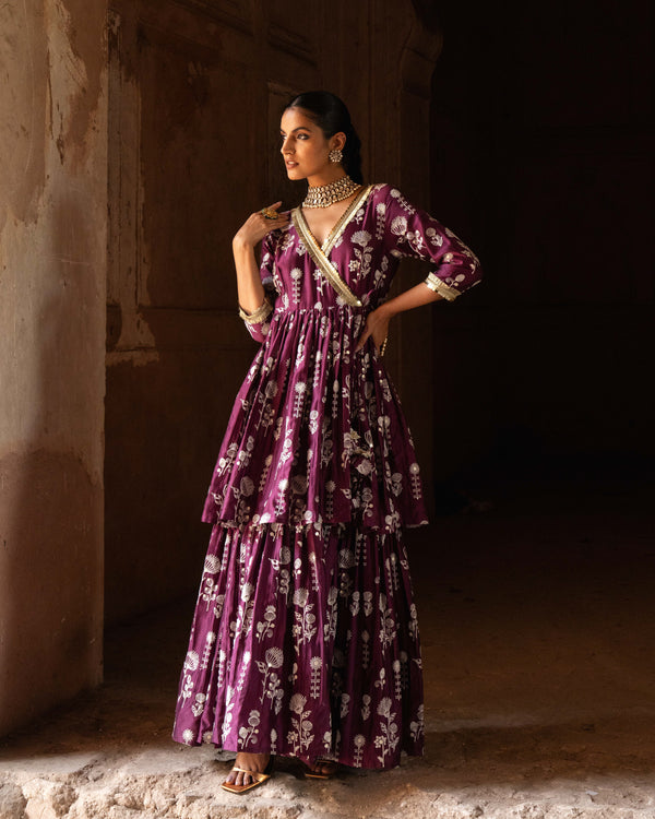 Wine Double Layer sunflower All Over Embroidered Angrakha